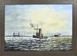 L. Scheen, Rotterdamse haven met schepen, Olieverf op paneel