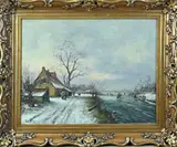 Onduid. gesign., Hollandse winter met ijspret, Olieverf op linnen