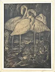 Monogram W.B., Flamingos,, Litho op papier