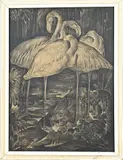 Monogram W.B., Flamingos,, Litho op papier