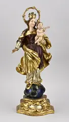 Madonna, H 56 cm., Grote 18e eeuws vergulde, en origineel gepolychromeerde Madonna van lindenhout