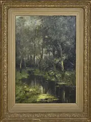 Arnold Marc Gorter, Bosbeek met eenden, Olieverf op linnen.met originle kapitale lijst Afmeting: zonder lijst is H 101x B 75 cm