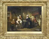 Henricus Engelbertus Reijntjes, Boeren interieur met familie en edele dame, Olieverf op linnen