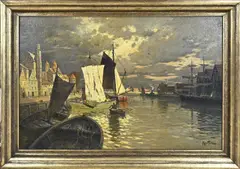 Max Fritz, Noord Duitse haven met schepen, Olieverf op linnen