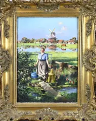 Johan Miedema, Zonnig Hollands landschap, Olieverf op paneel