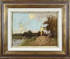 Hollands landschap met boerin en ophaalburg by Aris Knikker, Olieverf op linnen, offered Jul 2025