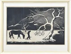 Ben Essers, Figuur met paard in winters landschap, Houtsnede op papier