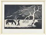 Ben Essers, Figuur met paard in winters landschap, Houtsnede op papier
