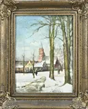 Onduid. gesign., Winters dorpsgezicht, Olieverf op paneel
