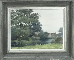 A. Potgieter, Riviergezicht met boerderij, Olieverf op linnen