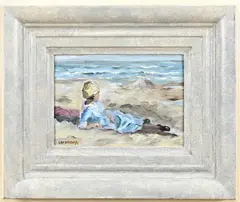 Cor Schaap, Liggende vrouw op strand, Olieverf op paneel