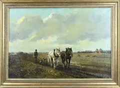 Onduidelijk gesigneerd, Boer met paardenspan, Olieverf op linnen