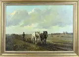 Onduidelijk gesigneerd, Boer met paardenspan, Olieverf op linnen