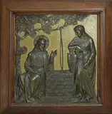 Religieuze plaquette, 71 x 64 cm., Antieke, zeer grote religieuse gipsen plaquette in bronskleur