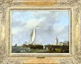 Johannes Hermanus Koekkoek, Schepen voor de haven van Veere, Olieverf op paneel