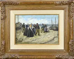 Cornelis Koppenol, Vissersvolk op Scheveningse strand, Olieverf op linnen