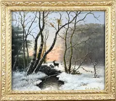 Carl Schultze, Winters landschap met herten, Olieverf op paneel