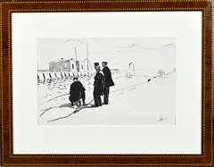 Dirk Nijland, Vissers aan de kade, Zwarte inkt op papier