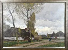 Eugen Kampf, Drentse boerderij met figuren, Olieverf op linnen