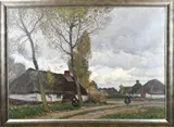 Eugen Kampf, Drentse boerderij met figuren, Olieverf op linnen