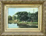 J. van Jole, Riviergezicht met picknickende figuren op kade, Olieverf op paneel