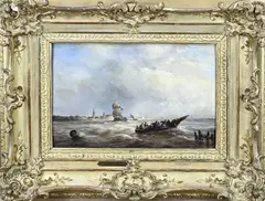 Ary Pleijsier, Schepen en figuren in roeiboot voor Hollandse kust, Olieverf op paneel