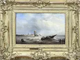 Ary Pleijsier, Schepen en figuren in roeiboot voor Hollandse kust, Olieverf op paneel