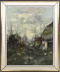 Theodorus van Oorschot, Boerderij met boer en kippen, Olieverf op linnen