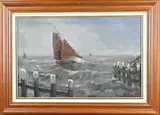 Adri Bleijs, Vissersboot op volle zee, Vissersboot op volle zee bij havenmonding (Volendam?) Olieverf op linnen