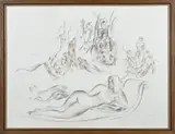Johan Voskuil, Landschap met vrouwelijke naakten, Gemengde techniek op papier