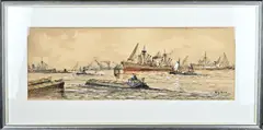 Wim Bos, Havengezicht Rotterdam, Gemengde techniek op papier