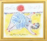 Anton Heyboer, Zonnebadende gezette dame op strand, Pastel op papier