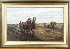 Jan Dingemans, Boeren met paardenspan aan het eggen, Olieverf op paneel