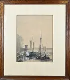 Jan Hendrik van Mastenbroek, Boten bij spoorbrug (Koningshavenbrug), 1892, Aquarel op papier