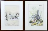 2x Gesigneerd aquarel op papier, Winters landschap + Paddenstoelen, 2x Gesigneerd aquarel op papier