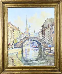 Hendrik Schaap, Stadsgezicht oude Rijn Woerden, Gouache op papier