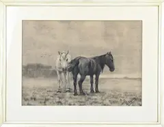 Evert Rabbers, Rustende paarden, Houtskool op papier