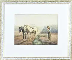 Evert Rabbers, Boer met paardenspan en eg, Aquarel op papier