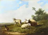Auguste Bonheur, Landschap met schapen en kip, Olieverf op paneel