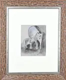 J. v.d. Kooi, Olifant met kalf, Pastel op papier