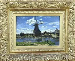 Evert Moll, Hollands landschap met windmolen, Olieverf op schilderskarton