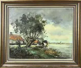 H.C. Kranenburg, Landschap met wasvrouw, Olieverf op linnen