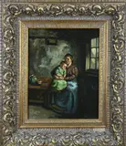 G.H. Hendriksen, Boeren interieur met moeder en kind, Olieverf op linnen