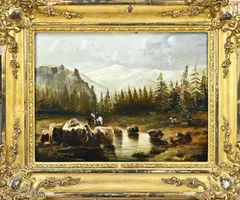Berglandschap met jagers by Duitse School, Olieverf op paneel, offered Oct 2024