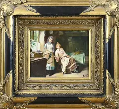 Monogram J.V., Twee dames in keuken met vogelkooi, Olieverf op paneel