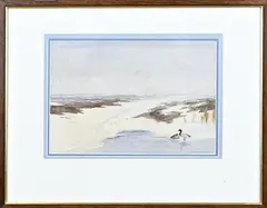 Jo Schrijnder, Waddengebied met eenden, Aquarel op papier