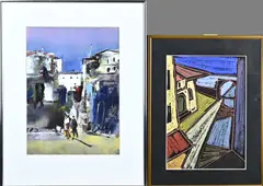 2x Schilderij, Stadsgezicht/Kubistisch, 1x Onduidelijk gesigneerd, pastel, kubistisch, afmeting: H 30 x B 21 cm