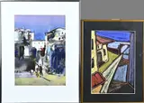 2x Schilderij, Stadsgezicht/Kubistisch, 1x Onduidelijk gesigneerd, pastel, kubistisch, afmeting: H 30 x B 21 cm