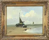 G. van Donk, Bomschuit op strand met vissersvolk, Olieverf op paneel