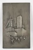 Fabriek met arbeiders by Gietijzeren plaquette, offered Oct 2024